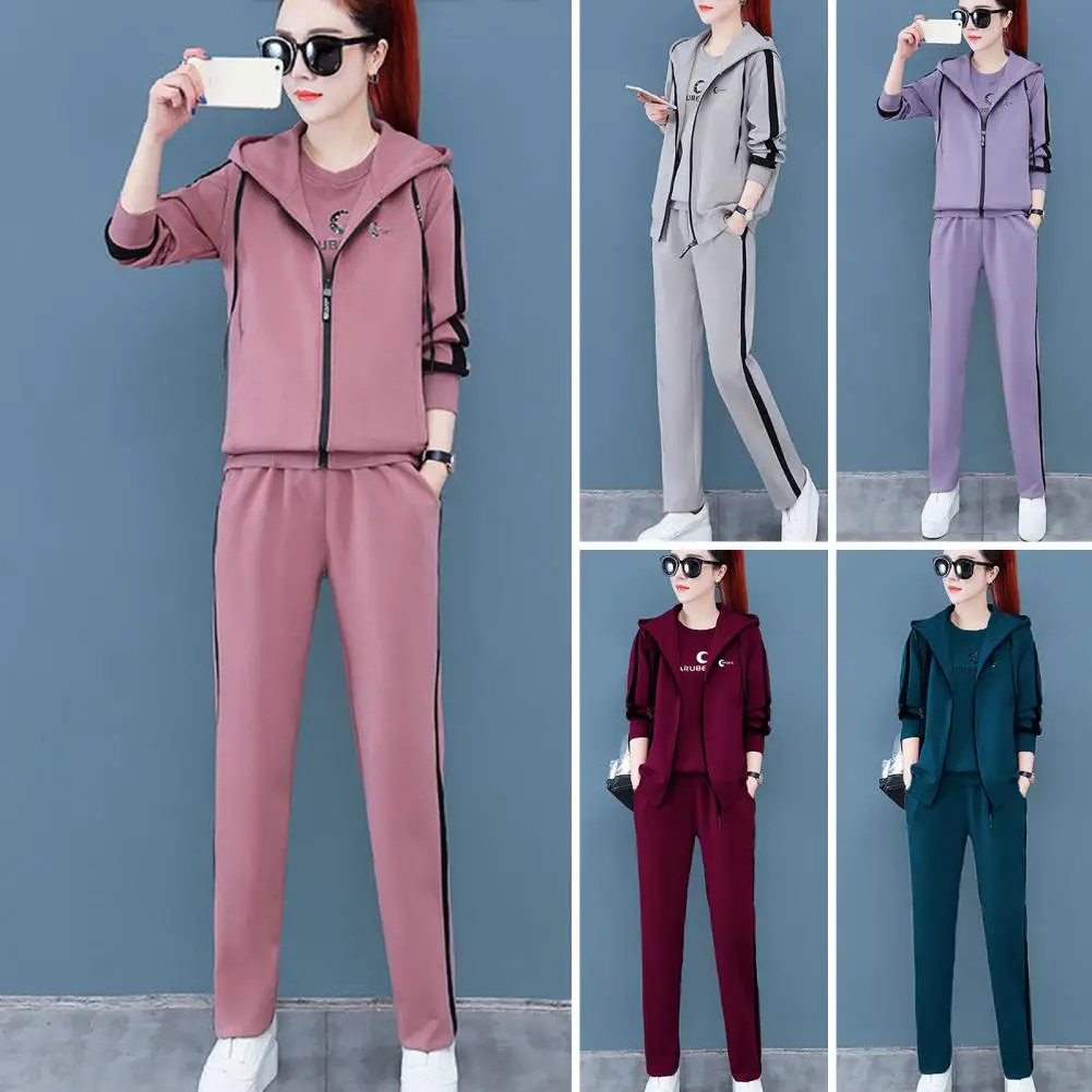 3 Pcs/Set Women Coat Top Pants Set Color Matching Soft Thick Hooded Long Sleeves Zipper Elastic Cuff Lady Spring Winter Sports S