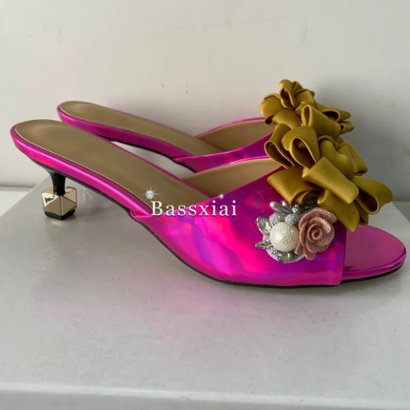 Crystal Decor Handmade Flower Sandals Women Unique Rivet Kitten Heel Patent Leather Slingbacks Summer Shoes view 5
