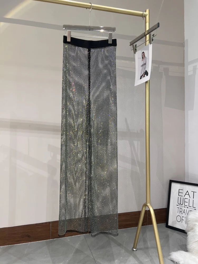 Sommer Sexy ausgehöhlt europäischen und amerikanischen Wind AB Farbe Diamant Flash Grid Strass weitbeinig Hosen Nachtclub