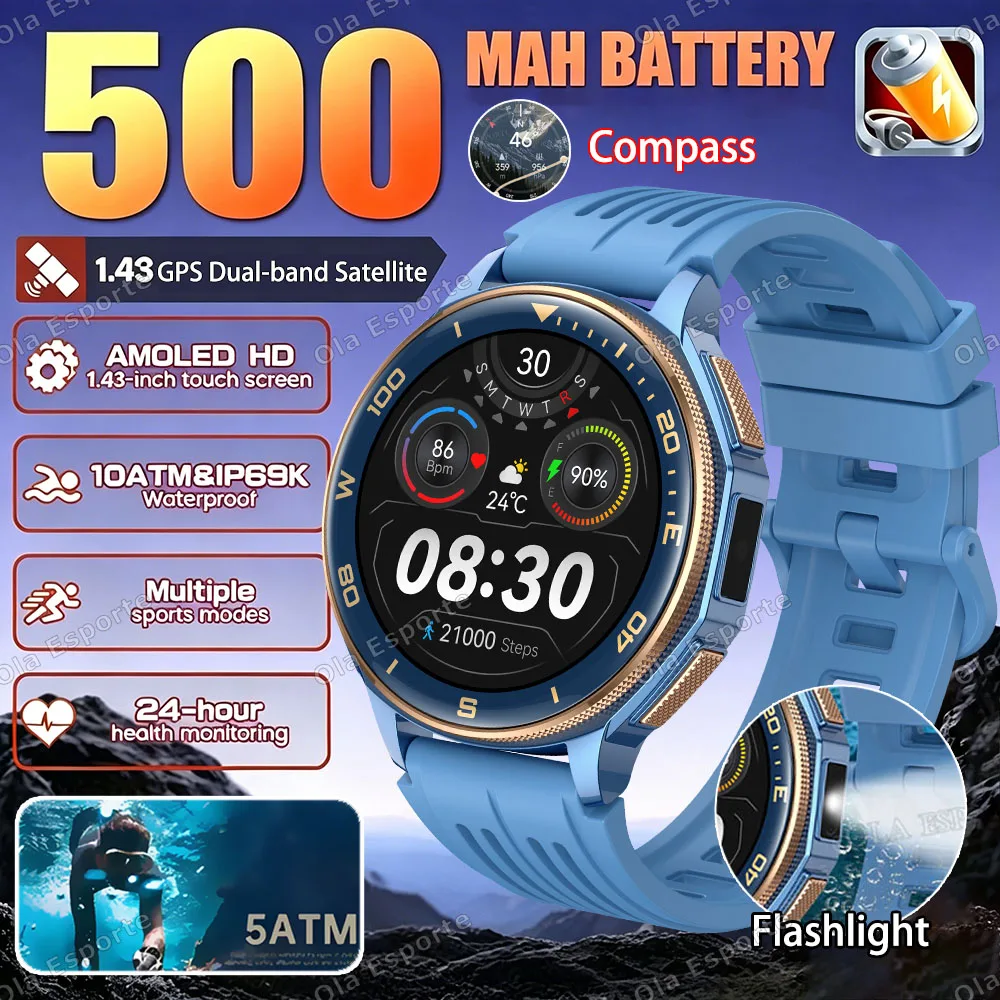 

New Super Large Battery Smart Watch GPS 3ATM Waterproof Sport Run tracker Outdoor Compass Military 1.43"AMOLED Screen Smartwatch