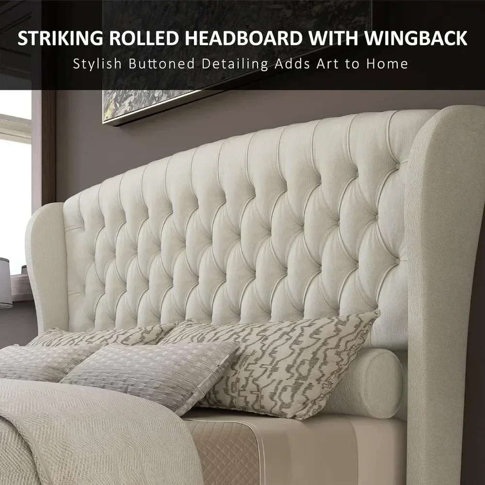 King Size Bed Frame, Chenille Upholstered Sleigh Beds with Scroll Wingback Headboard & Footboard/Button, King Size Bed Frame image 4