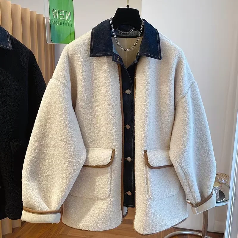 Denim Spliced Lamb Wool Jacket 2025 New Korean Loose Long Sleeved Top Women's Autumn Winter Single Breasted Lapel Warm Coat
