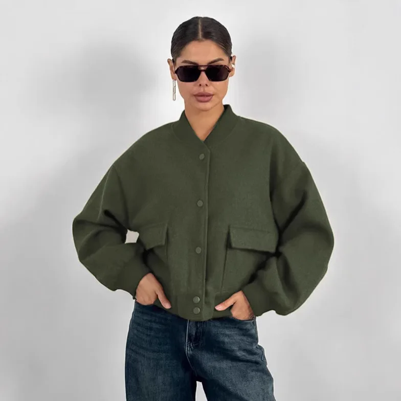 다용도 여성 가을 울 재킷 단색 스탠드 칼라 스냅 버튼 여성 아우터 인스타그램 스타일 시크 코트