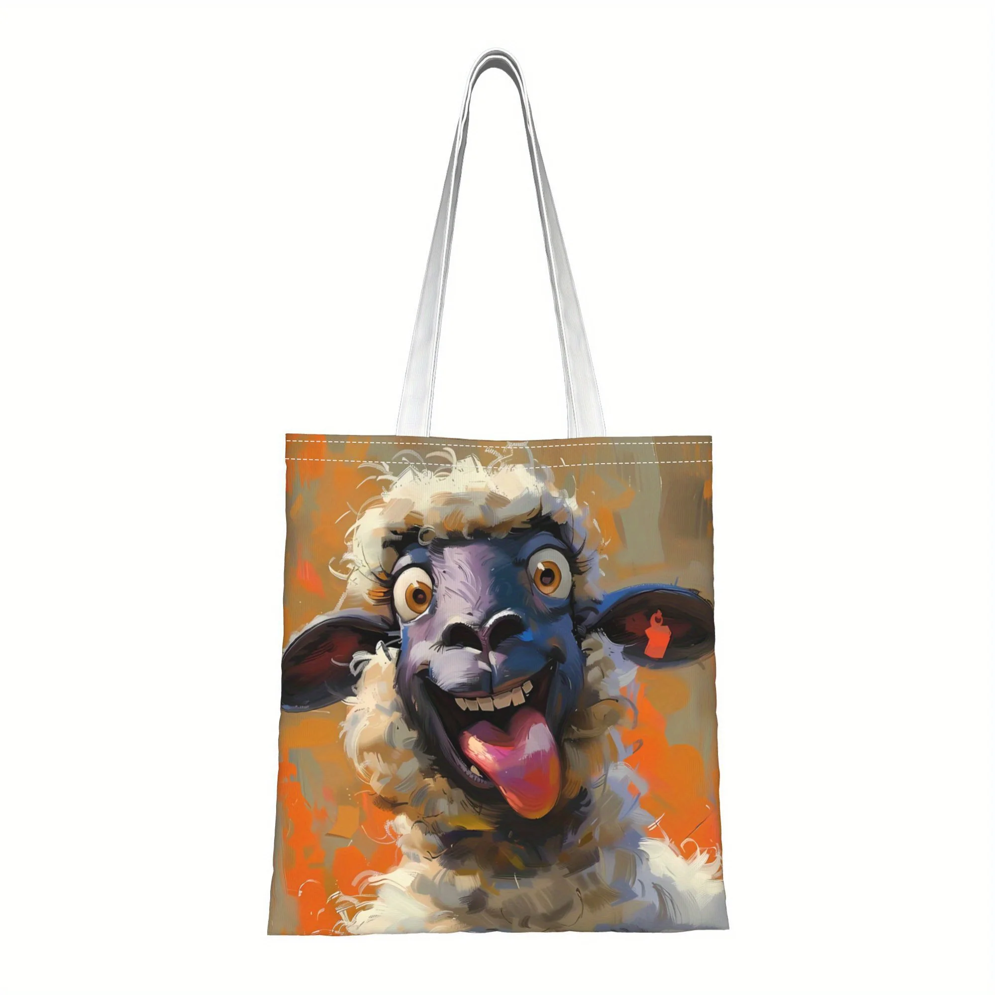 1pc Funny Tongue-Out Sheep Themed Printed Tote Bag, Reusable