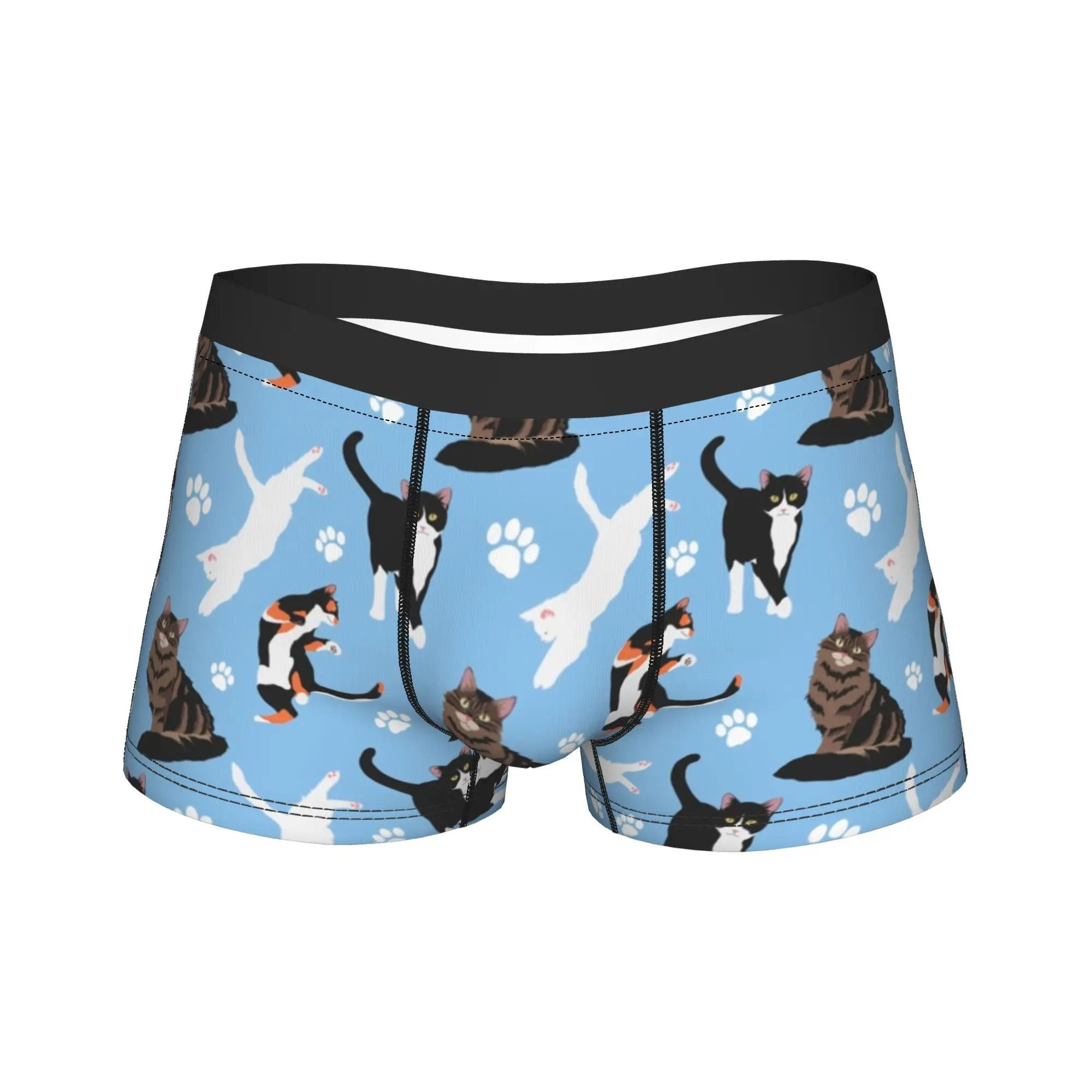 

Men's Cat Pattern Long Underwear Blue Funny Boxer Briefs Shorts Panties Male Soft Underpants Plus Size