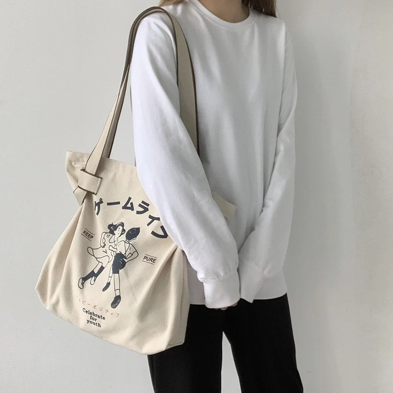 Canvas Tote Bag Women Shopper Bag Girl Shoulder Messenger Fashion Japanese Style Retro Cartoon Anime Print Designer Handbag