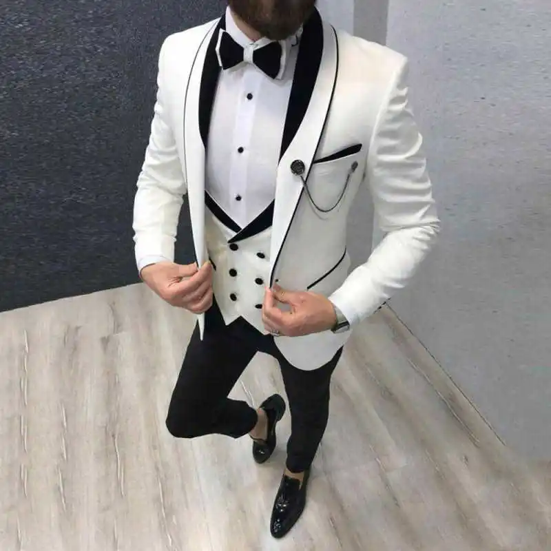 

Fashion Ivory Men Formal Business Suits Wedding Suit Slim Fit Groom Tuxedos 3 Pcs Set Dress Shawl Lapel Blazer Vest Pants Sets