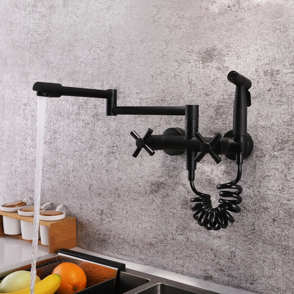 SKOWLL Pot Filler Faucet Wall Mounted Kitchen Mixer Tap with Spray Gun, Matte Black HG-1663