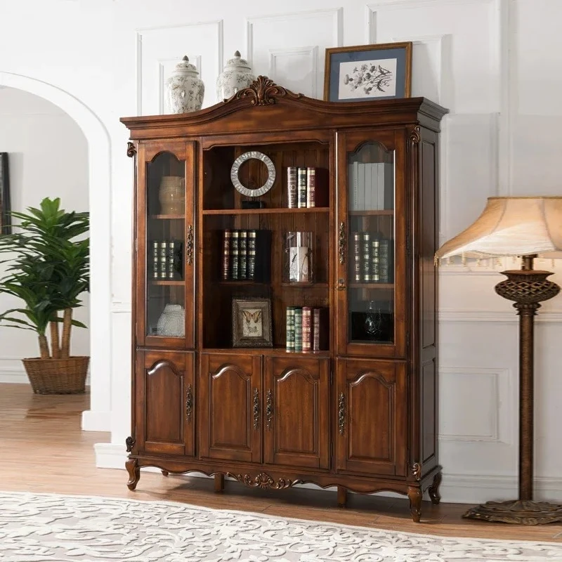 LJYAmerican Country Style Solid Wood Bookcase Four-Door Large Capacity Bookshelf Study Storage Cabinet