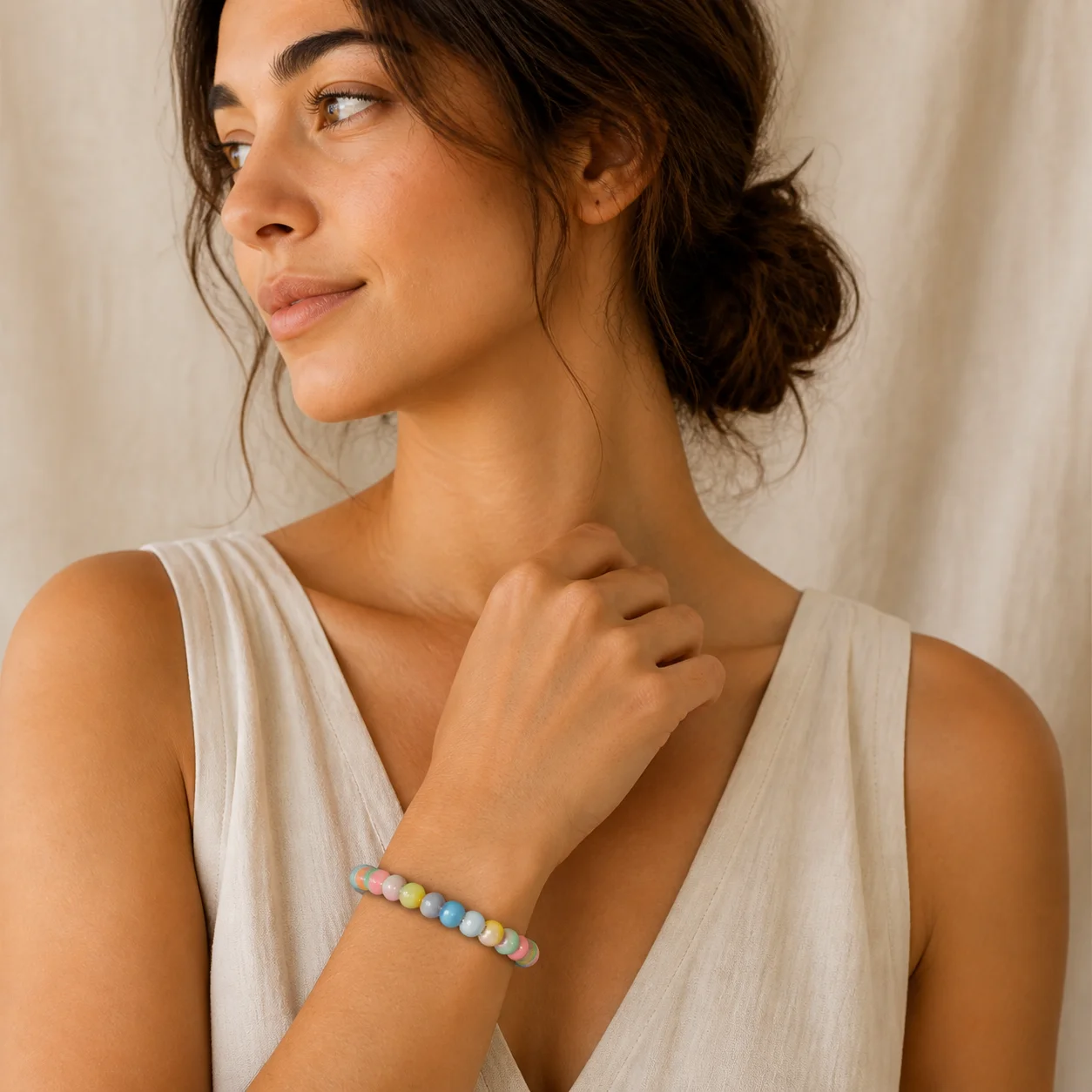 Handmade Ceramic Bead Bracelet with Elastic Cord Handwoven Stretch Wrist Jewelry Solid Color Beaded Bracelet 608P4-19