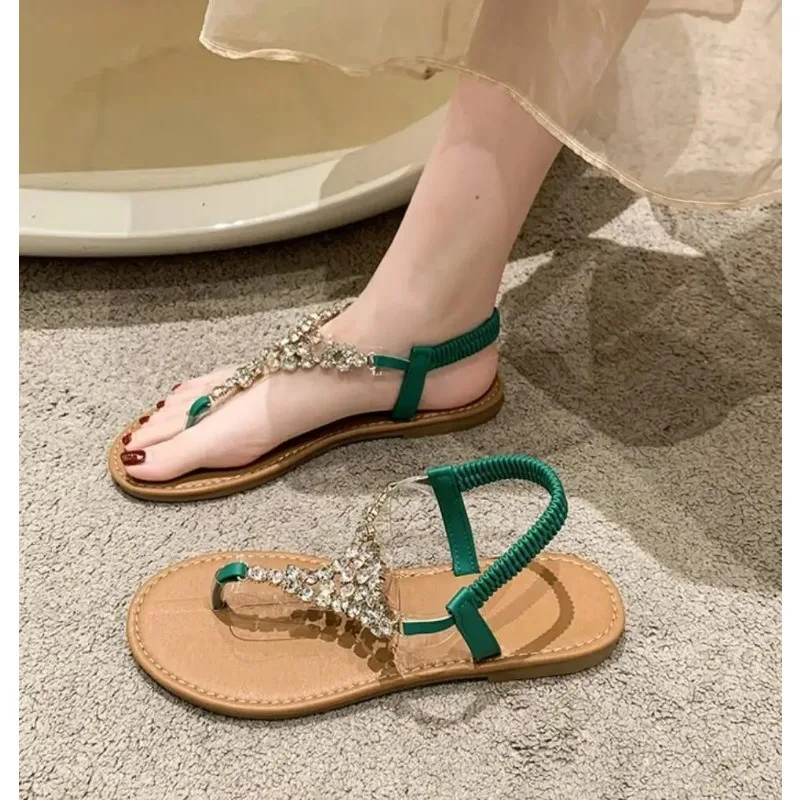 Womens Bohemia Sandal Luxur Rhinestone Fashion Clip-toe Sandals   Outdoor Slip-On Flat Slippers Summer Holiday Non-Slip Sandlias