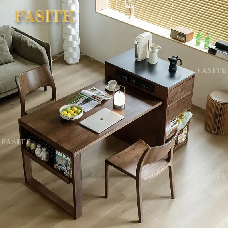 For North American Black Walnut Solid Wood Narrow Island Dining Table Integrated Retractable Cherry Wood Log Locker