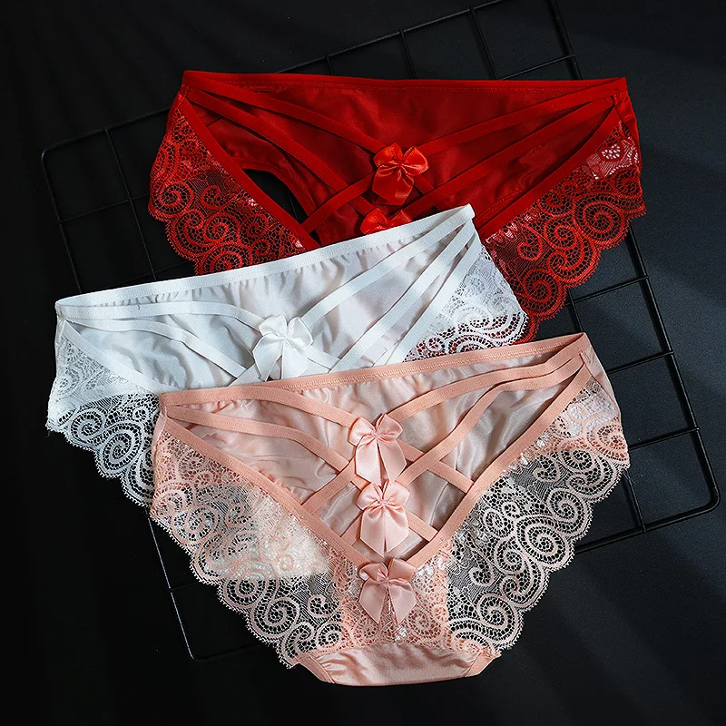 

New high-end satin lace underwear for women, mid waist slim strap, butterfly tie skin, cotton cut women's triangle pants