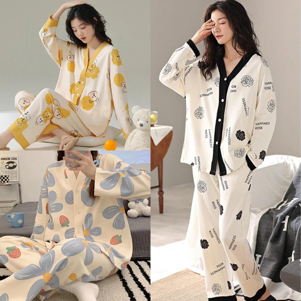 Women Spring and Fall Two-Piece Pajamas Cardigan Long-Sleeved Long Pants Thin Section Polka Dot Printing Maternity Homewear