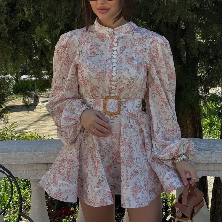 

2026 Printed Dress Spring New Stand-up Collar Single-breasted Long-sleeved Belt Floral Skirt