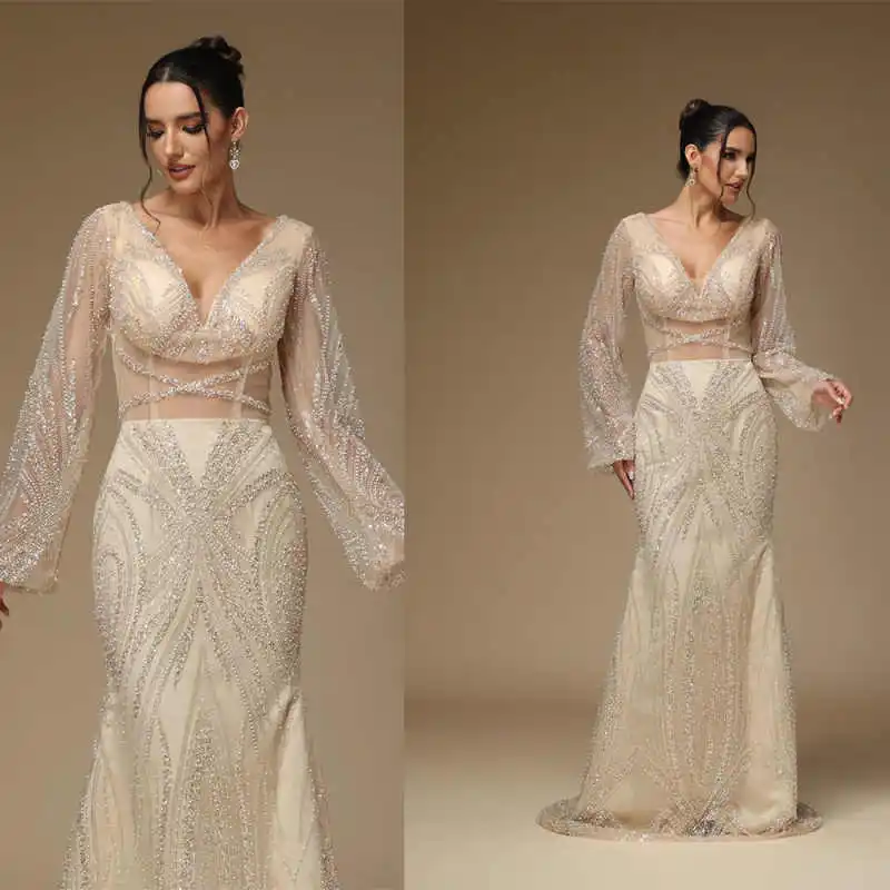 فساتين سهرة رائعة حورية البحر على شكل حرف v مطرز بالكريستال وأكمام طويلة فستان حفلات فستان الحفلات Fساتين Sherese مصنوع حسب الطلب