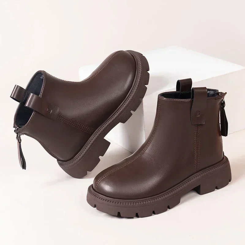 Girls Ankle Boots Simple Design Classic Kids Rubber Boots Anti-skid Side Zipper Black Brown Plain Kids Boots Autumn Winter New