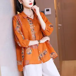 Elegant Vintage Print Oversize Cotton Linen Button Up Shirts Women Summer Fashion Casual Simple Ladies Tops Blouses Clothes 2023