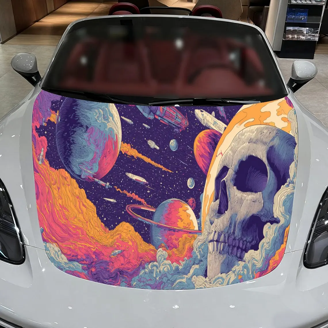 Sci - فن غطاء السيارة على شكل جمجمة Fi، ديكور غطاء السيارة للصاروخ والكواكب القديم لعشاق الفضاء، ملصق غطاء تلقائي، مقاوم للماء #3