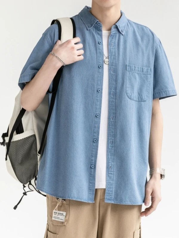 

Loose Fit Men's Denim Short Sleeve Shirt Thin Summer Casual Classic Pocket Outerwear Fashionable Urban Style Cotton Fabric