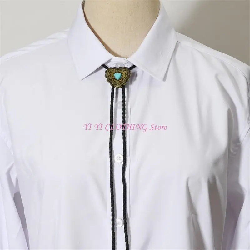 N5KF Elegant Black Bolo Tie with Stone Heart Pendant Cowboy Necktie Western Tie