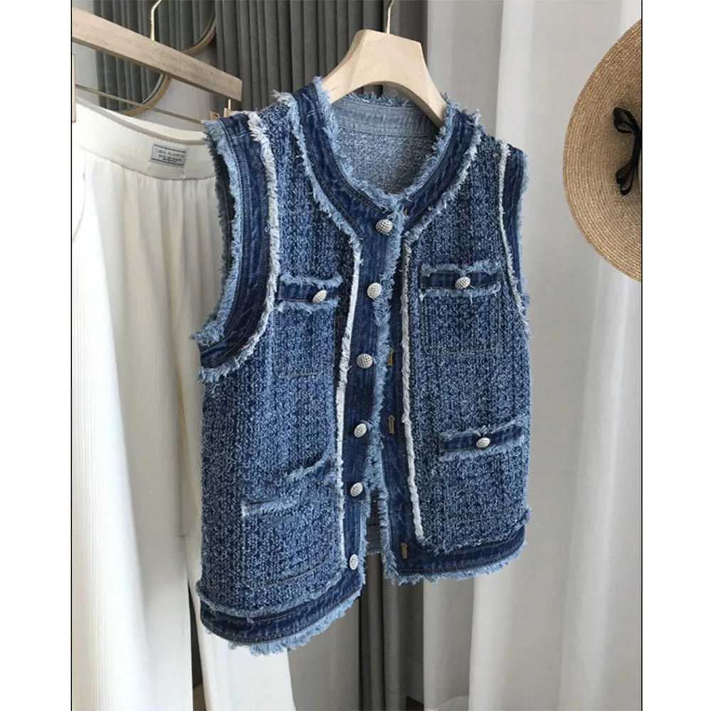 

Women Fashion Denim Vest Frayed Sleeveless One Breasted Versatile Jean Coat Spring Fall Female Casual Commute Waistcoat