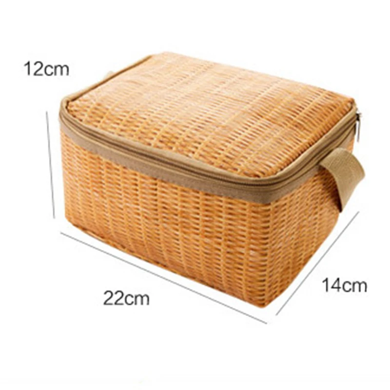 Portable Wicker Rattan Outdoor Picnic Bag Waterproof Tableware Insulated Thermal Cooler Food Container Basket for Camping Picnic