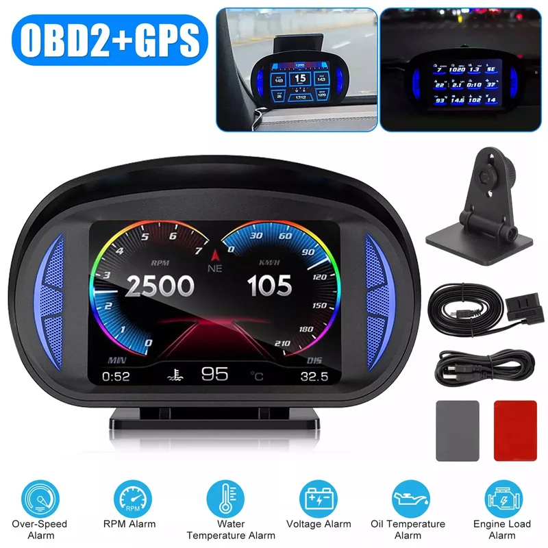 P2 Car Digital Speedometer OBD2 GPS HUD With Temperature, Turbo Pressure, And On-Board Computer Display