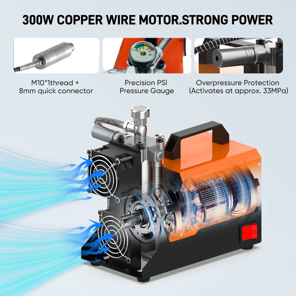 PCP portable air compressor 12V DC/110V AC, suitable for both household power socket and car battery power supply 300Bar 4500Psi