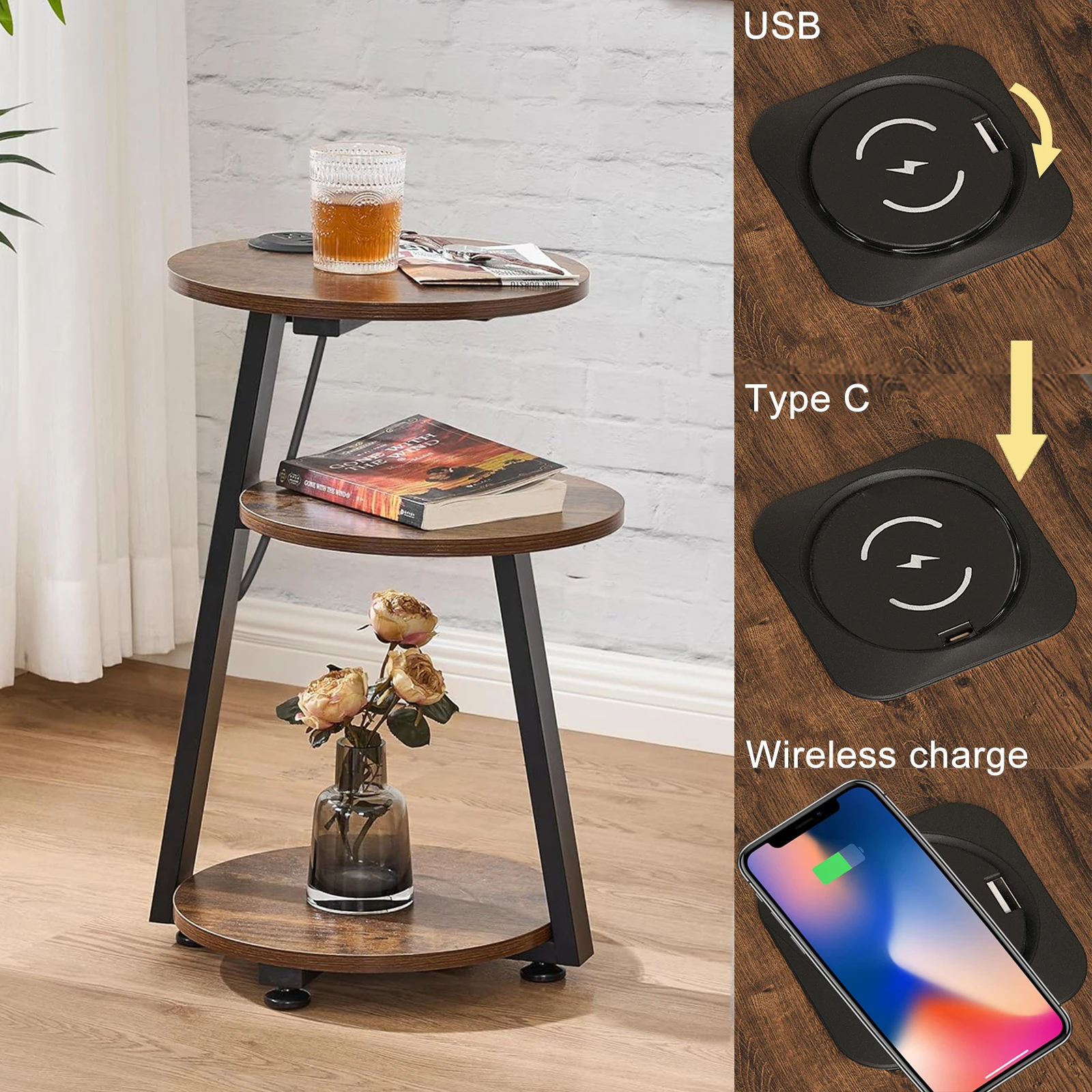 AnneFish Coffee Table with Wireless Charging And USB Ports Snack Sofa Table For Small Area Bedside Table for Living Room