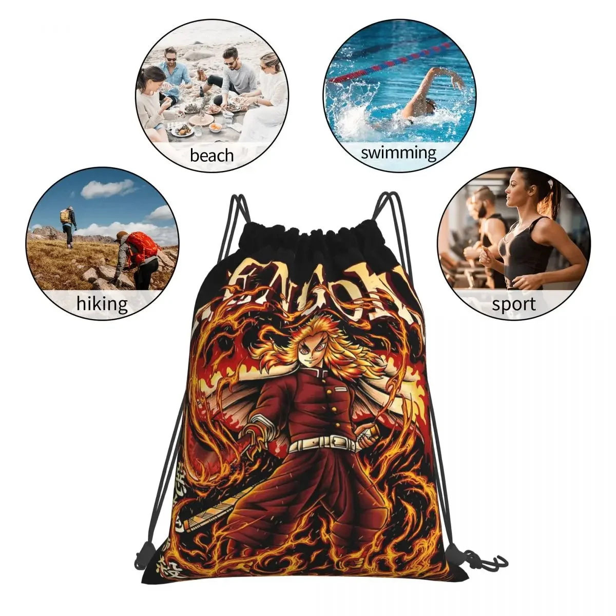 악마 슬레이어 Rengoku 배낭 패션 휴대용 Drawstring 가방 스포츠 가방 남자 여자 학교 가방
