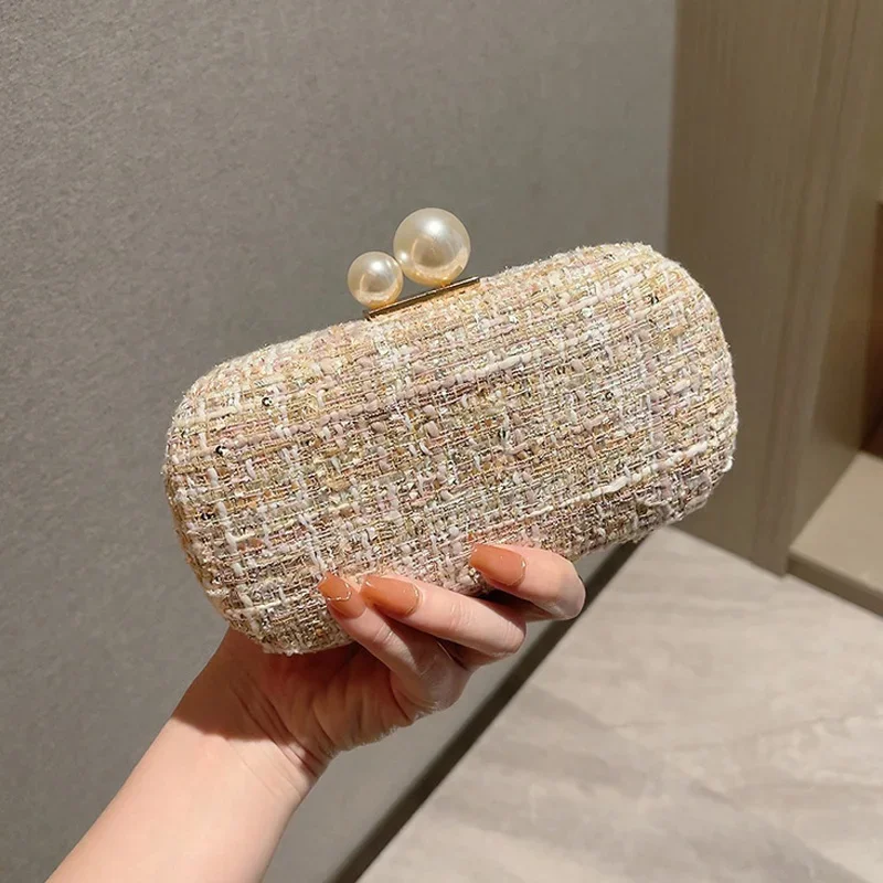 Sequin Tweed Evening Bag Faux Pearl Clutch Purse Plaid Pattern Handbags for Wedding Party Prom Small Shoulder Crossbody Bags