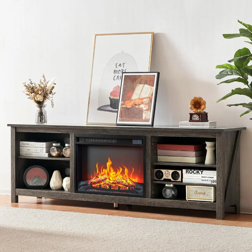 

Wooden-Textured Entertainment Center with 23 Electric Fireplace, Farmhouse Style Media Console