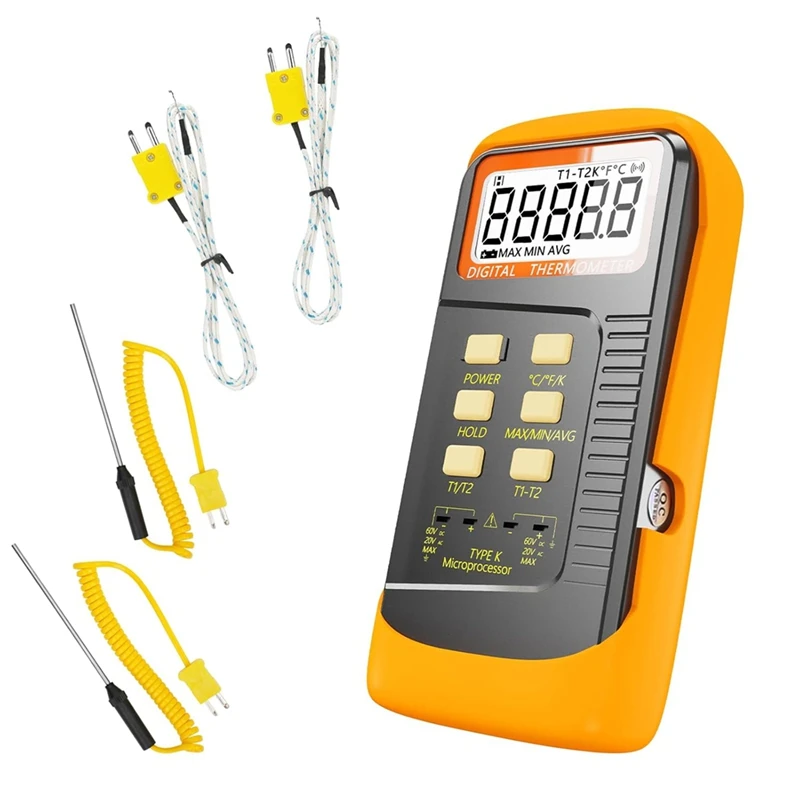 Handheld Thermocouple Thermometer,2 Channels K Type Thermocouple Probe 4 Thermocouples,Measuring Range -50°C To 1370°C