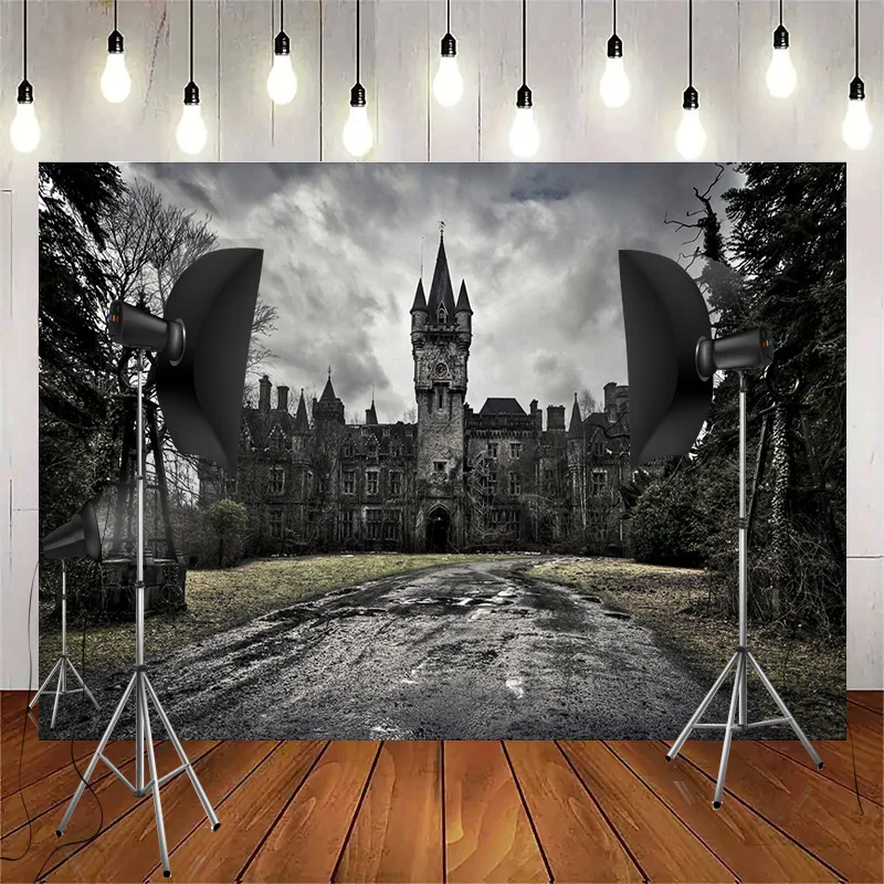 

Halloween Backdrop Full Moon Scary Night Castle Trees Pumpkin Lantern Photography Background Kids Adult Family Party Decor WH-02