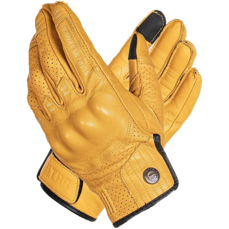Star Rider Motorcycle Gloves Men Summer Goatskin Leather Breathable Perforated Touchscreen Retro Vintage Full Finger Riding Gear