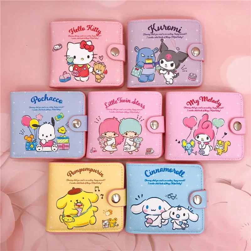 Sanrio dompet Pu gambar kartun lucu Hello Kitty Kuromi Melody tas uang kasual dompet tempat kartu dompet dengan kancing hadiah