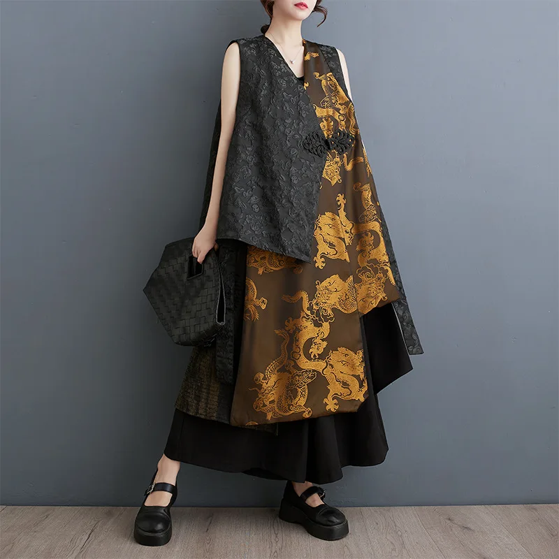 

SuperAen 2024 Autumn New Fashion Chinese Style Sleeveless Vest Fashion Irregular Stacked Coat