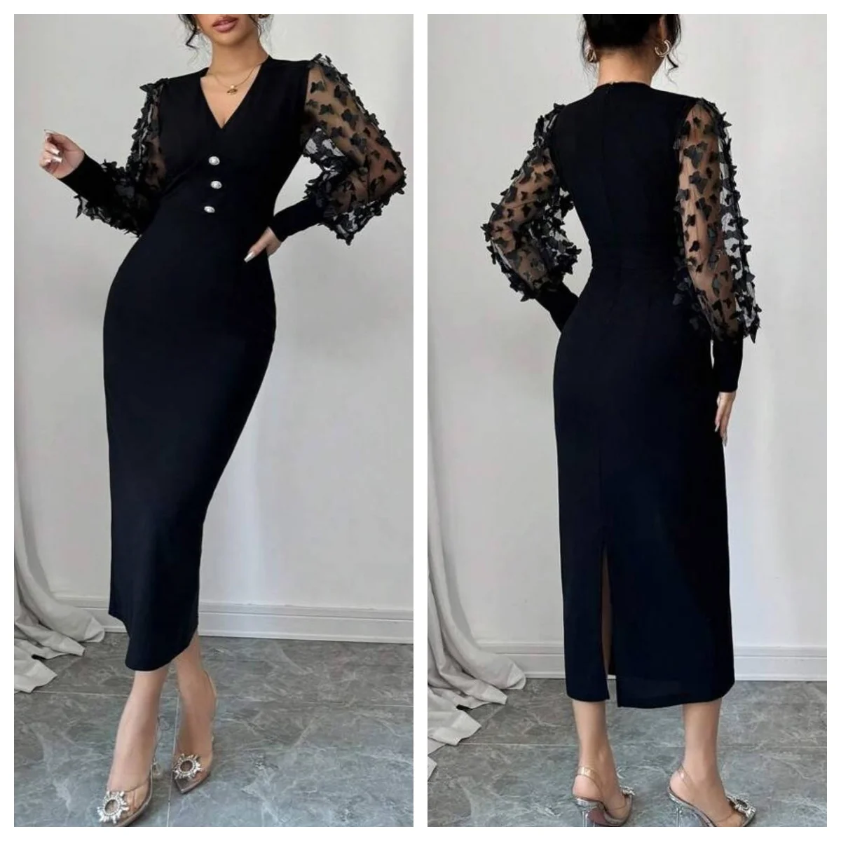 Customized Evening Dress Exquisite Jersey V-Neck Long Sleeves Celebrity Gowns Simple Straight Buttons Lace Party Dresses