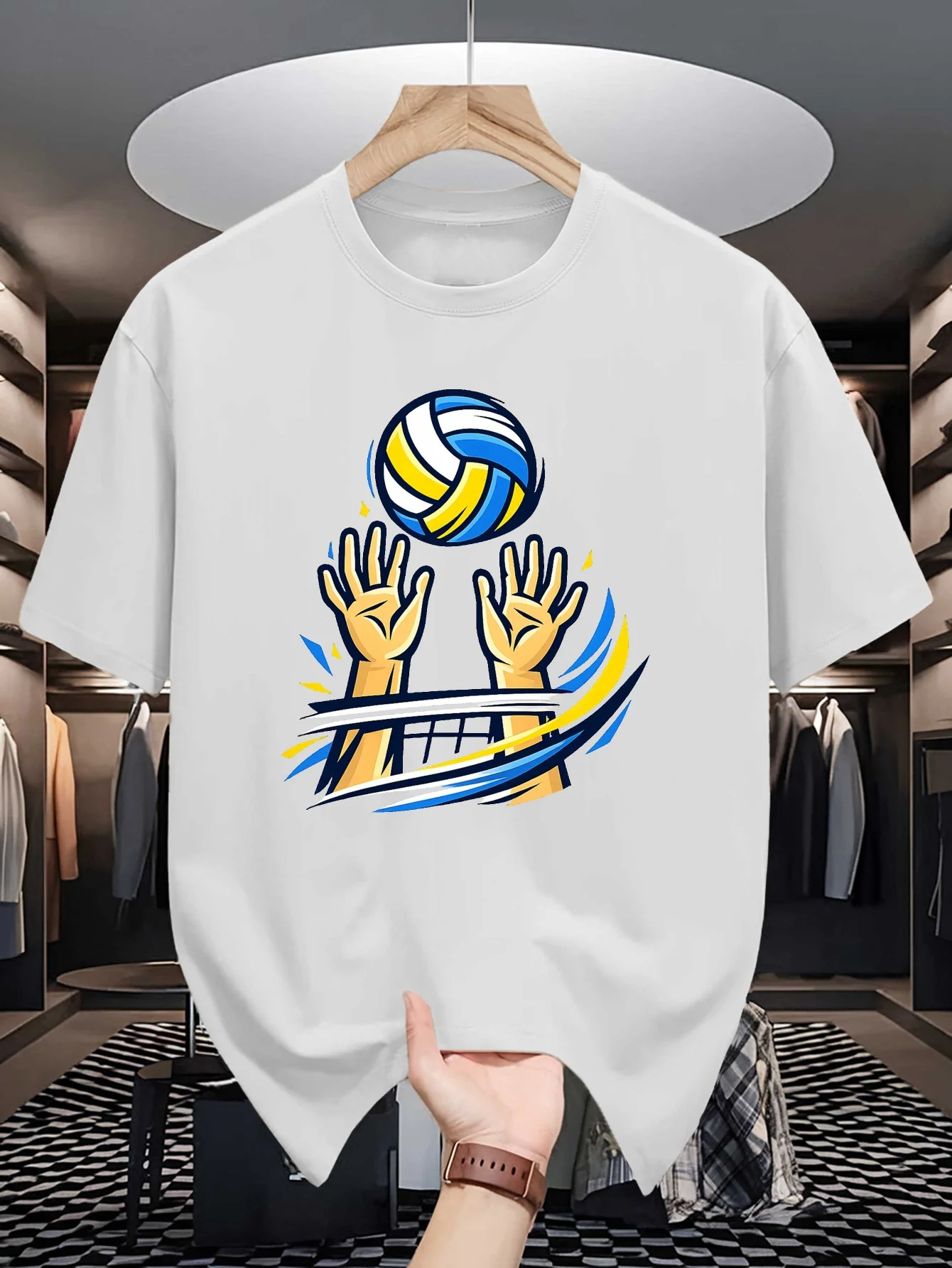 Mens Volleyball Block Hands Graphic Tee Sport Player Action Art Print O Neck Short Sleeve Cotton Casual Tops For Sport Lover Men