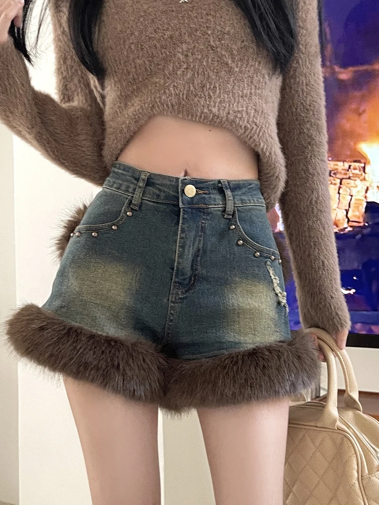 SONNEESD Winter Streetwear Casual Jeans Fashion Personality Burr Edge Splicing Design Vintage Mini Short New Sexy Denim Short