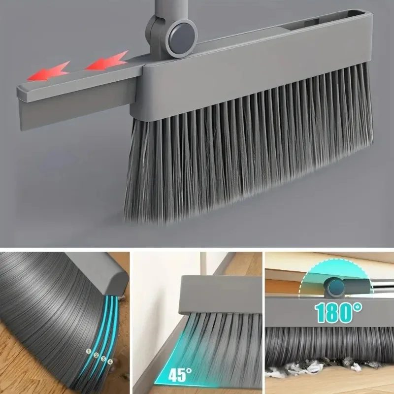 4 In 1 Upgraded Broom Dustpan Set Hidden Squeegee Floor Brush Grease Stain Cleaner For Home Office Household Cleaning