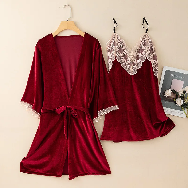 

Бархатный костюм-двойка бордового цвета, женская одежда для сна, новая осенне-зимняя велюровая ночная рубашка, Свободная Домашняя одежда, нижнее белье