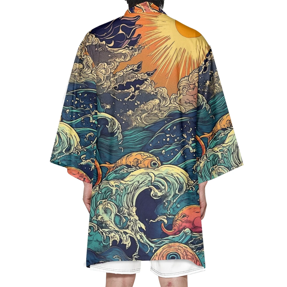 Autumn Samurai Kimono Cosplay Japanese Fashion Long Kimono Unisex Stylish Haori Kimonos Casual Yukata Cardigan Wave Print Robe