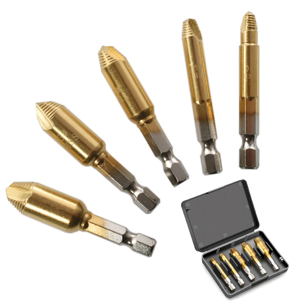 5pcs Broken Screw Extractor Set with Hex Handle for Removing Rusted Stripped Wood Machine Cross Flat Hex Screws