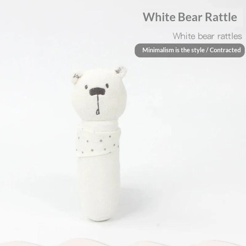 White Short Plush Bear Hand Rattle Sound Making Bell Soothing Stuffed Animal Toy For Sleep Comfort Home Decoration