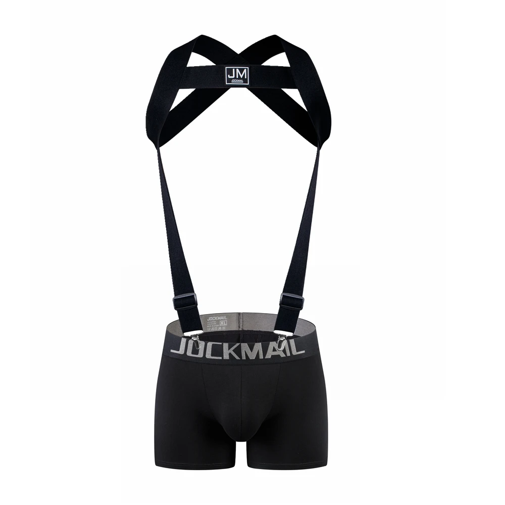 JOCKMAIL Body Harness Adjustable Elastic Strap Detachable Split-type Give Away Padded Men Underwear Boxer Cotton Black Sets