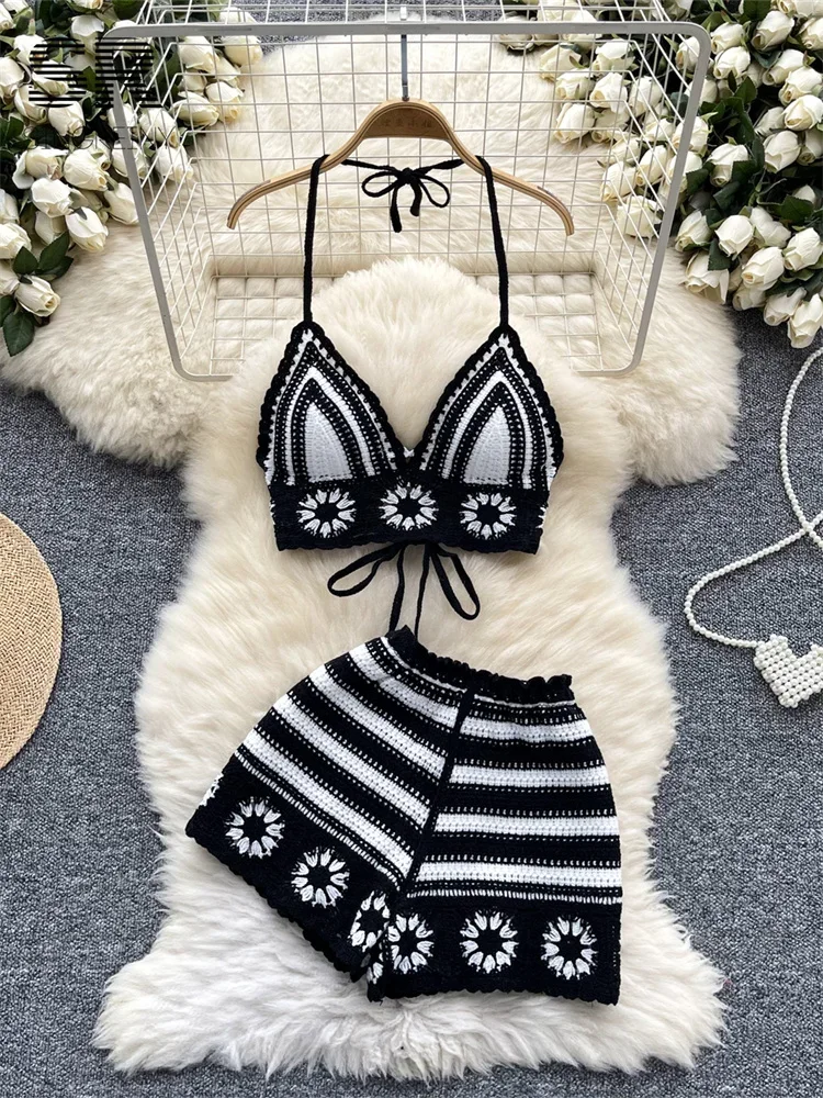 Beach Vacation Knit 2Pcs Suits Women Halter Sleeveless Lace Up Camis+Elastic Waist Shorts Hook Flower Hollow 2Pcs Set