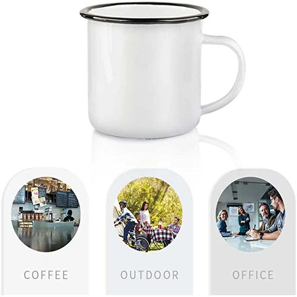 12oz Sublimation Blank White Enamel Mug with Black Rim Transfer Printing Milk Coffee Mug Cup Tumbler for Bulk Wholesale Price