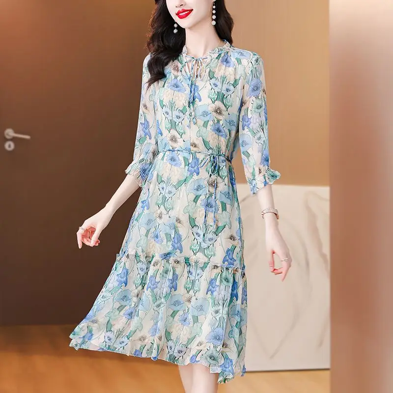 2024 koreanische Büro Dame blau Blumen Midi Kleid Sommer Frauen Vintage Luxus Bodycon Kleider elegante lässige Nacht Party Vestidos